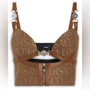 Versace Allover Brown Leather Logo Bralette Corset Top NWT Authentic